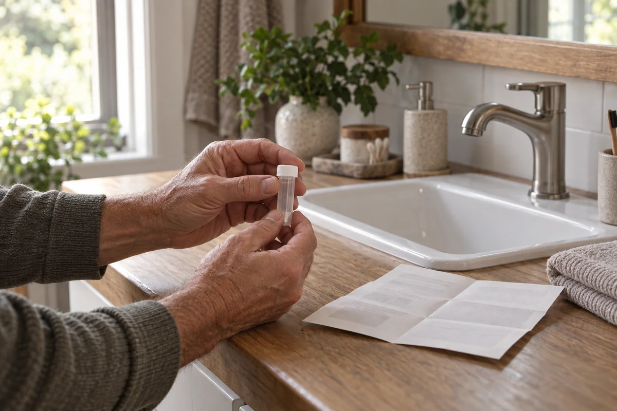 Illustration: a hand holding the capped sample tube on a bathroom counter in morning light