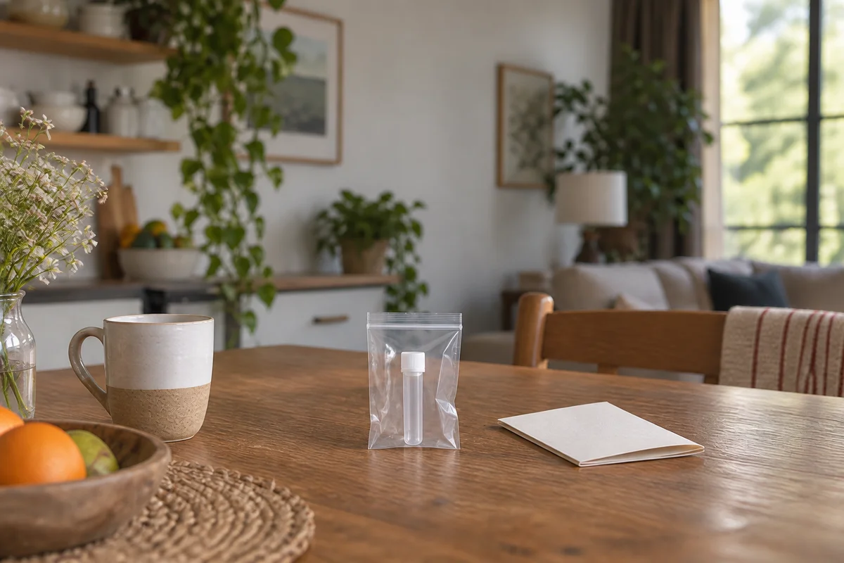 Illustration: the capped tube in its return packaging on a kitchen table