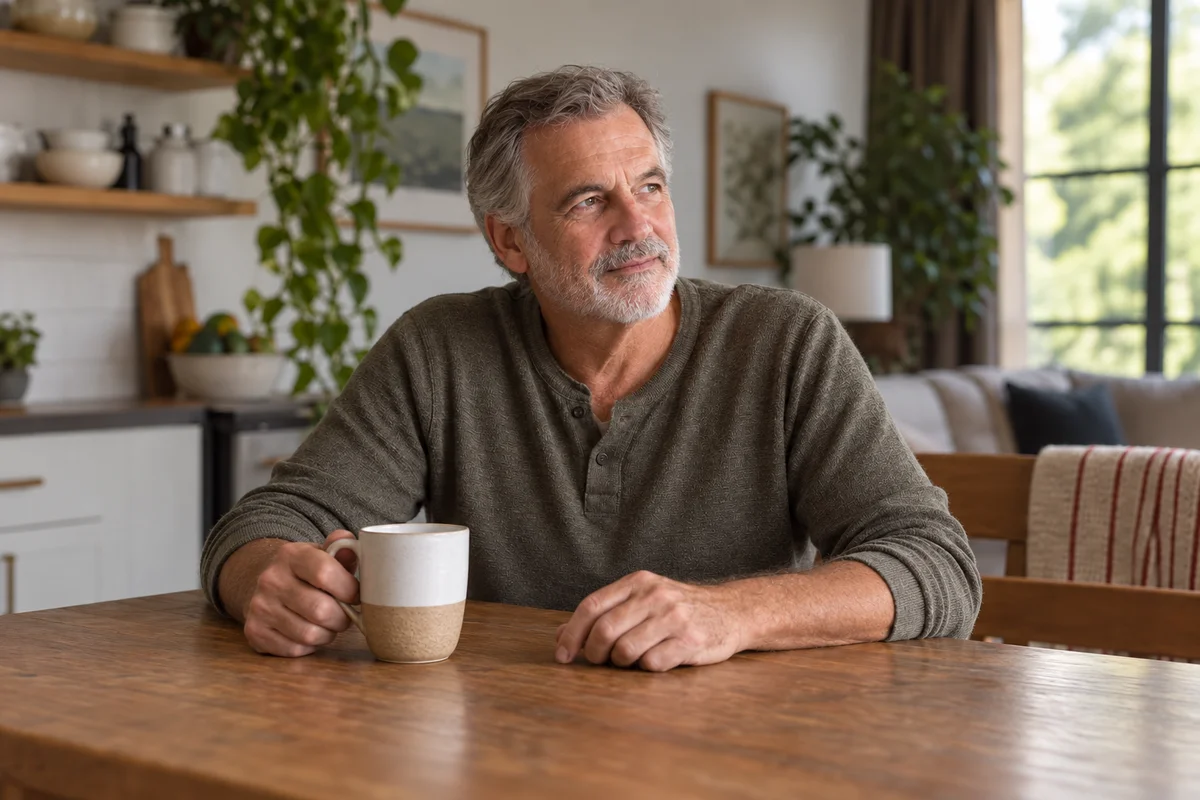 Illustration: the man from the sampling photo series at home, sitting calmly at his kitchen table
